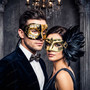 Black Gold Venetian Music Note Half Mask & Black Side Feather Eye Mask Couple Masquerade Set