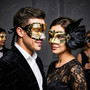 Black Gold Venetian Music Note Half Mask & Black Side Feather Eye Mask Couple Masquerade Set