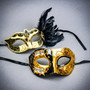 Black Gold Venetian Music Note Half Mask & Black Side Feather Eye Mask Couple Masquerade Set