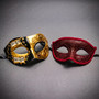 Gold Black Venetian Phantom Musical Half Face & Red Glitter Ball Masquerade Couple Mask Set