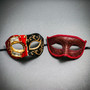 Red Black Venetian Phantom Musical Half Face & Red Glitter Ball Masquerade Couple Mask Set