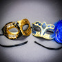 Black Gold Venetian Music Note Half Mask & Blue Side Feather Eye Mask Couple Masquerade Set