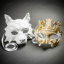 White Wolf Animal Masquerade  White Gold Pegasus Warrior Masquerade Couple Mask Set