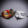 Red Black Venetian Phantom Musical Half Face & Silver Glitter Ball Masquerade Couple Mask Set