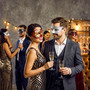 Red Black Venetian Phantom Musical Half Face & Silver Glitter Ball Masquerade Couple Mask Set