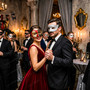 Red Black Venetian Phantom Musical Half Face & Silver Glitter Ball Masquerade Couple Mask Set