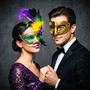 Venetian Purple Green Rose Feather Women Ball Mask & Black Gold Men Half Face Mask Couple Masquerade Set