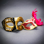 Black Gold Venetian Music Note Half Mask & Pink Side Feather Eye Mask Couple Masquerade Set