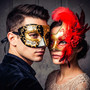 Venetian Gold Red Rose Feather Women Ball Mask & Black Gold Men Half Face Mask Couple Masquerade Set