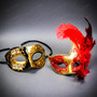 Venetian Gold Red Rose Feather Women Ball Mask & Black Gold Men Half Face Mask Couple Masquerade Set