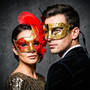 Venetian Gold Red Rose Feather Women Ball Mask & Black Gold Men Half Face Mask Couple Masquerade Set