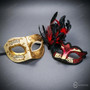 Ivory Gold Musical Venetian Mask & Red Black Feather Eye Mask Couple Masquerade Set
