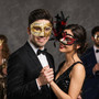 Ivory Gold Musical Venetian Mask & Red Black Feather Eye Mask Couple Masquerade Set