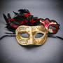 Ivory Gold Musical Venetian Mask & Red Black Feather Eye Mask Couple Masquerade Set