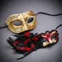 Ivory Gold Musical Venetian Mask & Red Black Feather Eye Mask Couple Masquerade Set