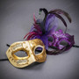 Ivory Gold Venetian Phantom Musical Half Face & Purple Lace Feather Masquerade Couple Mask Set