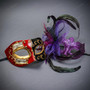 Red Black Venetian Phantom Musical Half Face & Purple Lace Feather Masquerade Couple Mask Set