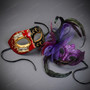 Red Black Venetian Phantom Musical Half Face & Purple Lace Feather Masquerade Couple Mask Set