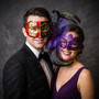 Red Black Venetian Phantom Musical Half Face & Purple Lace Feather Masquerade Couple Mask Set