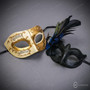 Ivory Gold Venetian Musical Eye Mask & Blue Black Feather Masquerade Couple Mask Set