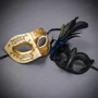 Ivory Gold Venetian Musical Eye Mask & Blue Black Feather Masquerade Couple Mask Set