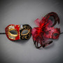 Red Black Venetian Musical Half Face Mask & Lace Feather Masquerade Couple Mask Set