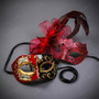 Red Black Venetian Musical Half Face Mask & Lace Feather Masquerade Couple Mask Set