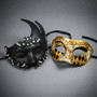 Black Swan Lunar Crystal Mask & Gold Venetian Harlequin Half Face Masquerade Couple Mask Set