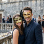 Ivory Gold Venetian Musical Half Face Mask & Gold Black Feather Eye Mask Couple Masquerade Set
