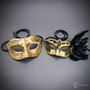 Ivory Gold Venetian Musical Half Face Mask & Gold Black Feather Eye Mask Couple Masquerade Set