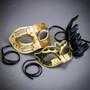 Ivory Gold Venetian Musical Half Face Mask & Gold Black Feather Eye Mask Couple Masquerade Set