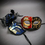 Red Black Musical Venetian Mask & Blue Black Feather Eye Mask Couple Masquerade Set