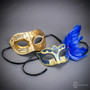 Ivory Gold Venetian Musical Half Face Mask & Gold Blue Feather Eye Mask Couple Masquerade Set