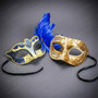 Ivory Gold Venetian Musical Half Face Mask & Gold Blue Feather Eye Mask Couple Masquerade Set