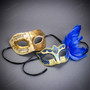 Ivory Gold Venetian Musical Half Face Mask & Gold Blue Feather Eye Mask Couple Masquerade Set