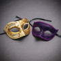 Venetian Musical Ivory Gold & Purple Glitter Venetian Eye Mask Couple Masquerade Set