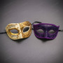 Venetian Musical Ivory Gold & Purple Glitter Venetian Eye Mask Couple Masquerade Set