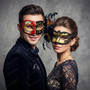 Red Black Musical Venetian Mask & Gold Black Feather Eye Mask Couple Masquerade Set
