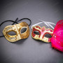 Ivory Gold Venetian Musical Half Face Mask & Gold Pink Feather Eye Mask Couple Masquerade Set