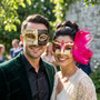 Ivory Gold Venetian Musical Half Face Mask & Gold Pink Feather Eye Mask Couple Masquerade Set