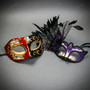 Red Black Musical Venetian Mask & Purple Black Feather Eye Mask Couple Masquerade Set