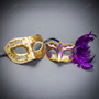 Ivory Gold Venetian Musical Half Face Mask & Gold Purple Feather Eye Mask Couple Masquerade Set