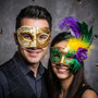 Mardi Gras Feather Masquerade Ball Mask & Ivory Gold Venetian Musical Mask Couple Mask Set