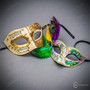 Ivory Gold Venetian Musical Mask & Mardi Gras Feathered Masquerade Couple Mask Set