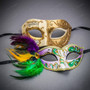Ivory Gold Venetian Musical Mask & Mardi Gras Feathered Masquerade Couple Mask Set