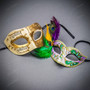 Ivory Gold Venetian Musical Mask & Mardi Gras Feathered Masquerade Couple Mask Set