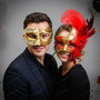 Venetian Gold Red Rose Feather Masquerade Ball Mask & Ivory Gold Men Musical Mask Couple Mask Set