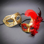 Venetian Gold Red Rose Feather Masquerade Ball Mask & Ivory Gold Men Musical Mask Couple Mask Set