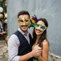 Ivory Gold Venetian Musical Half Face Mask & Peacock Feather Mardi Gras Masquerade Couple Mask Set