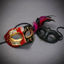 Red Black Musical Venetian Masquerade & Pink Feather Eye Mask Couple Masquerade Set